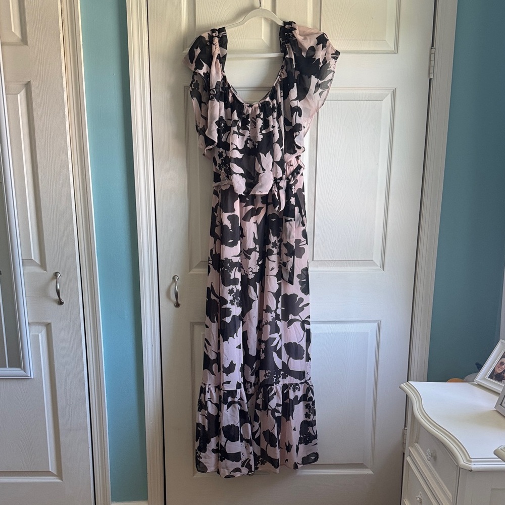 Floral Ruffle Maxi Dress - Pale Pink and Black